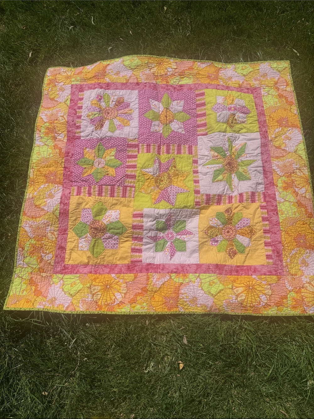 Floral Patchwork Quilt in Pink, Yellow & Green